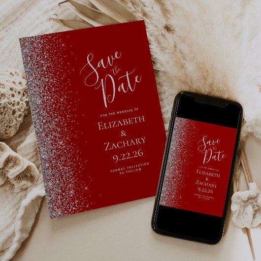 Crimson Red Silver Glitzer Save the Date Ankündigung