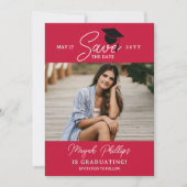 Crimson Red Typografy Foto Abschluss Save The Date (Vorderseite)