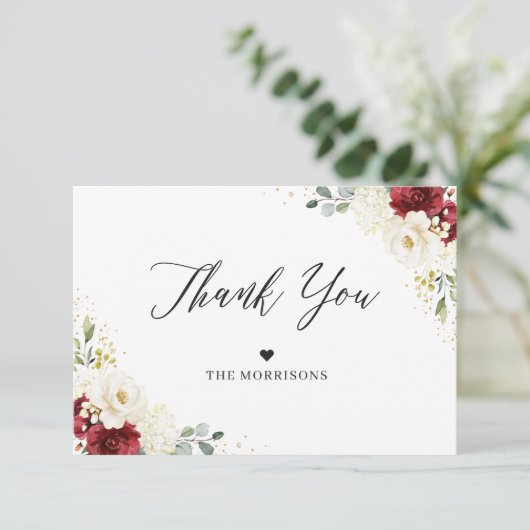 Crimson Red White Floral Gold Confetti Wedding Dankeskarte (Stehend Vorderseite)