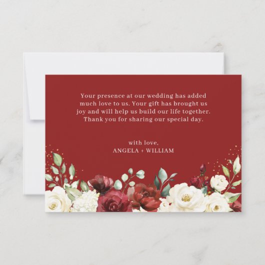 Crimson Red White Floral Gold Confetti Wedding Dankeskarte (Rückseite)