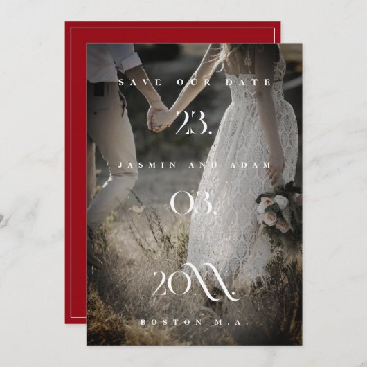 Crimson Red White Minimal Foto Hochzeit Save The Date (Vorne/Hinten)