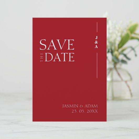Crimson Red White Monogram Foto Wedding Save The Date (Stehend Vorderseite)