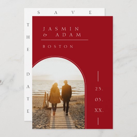 Crimson Red White Simple Foto Wedding Save The Date (Vorne/Hinten)