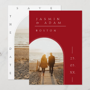 Crimson Red White Simple Foto Wedding Save The Date