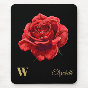 Crimson-Rose auf Black Gold Script Personalisiert Mousepad