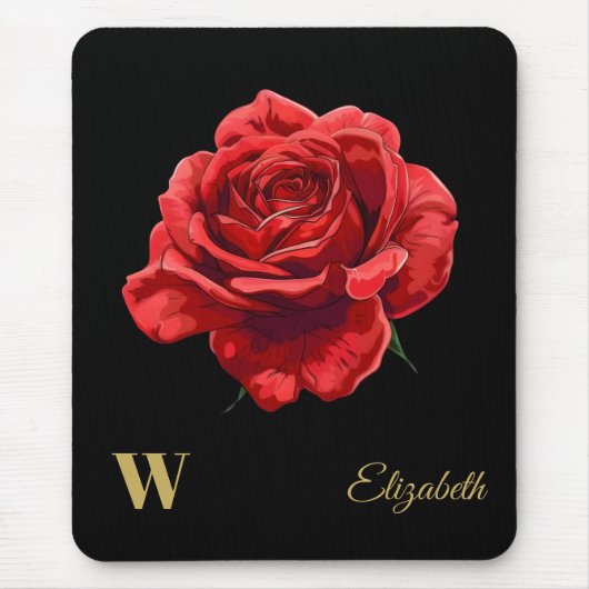 Crimson-Rose auf Black Gold Script Personalisiert Mousepad (Vorne)