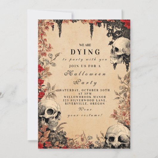 Crimson Rose & Skulls Halloween-Ansammlung Einladung (Vorderseite)