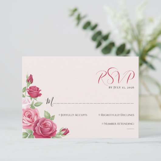 Crimson Rose Wedding RSVP Card (Stehend Vorderseite)