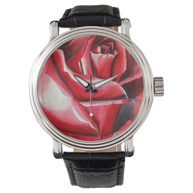 Crimson Rote Rose Aquarellkunst-Original-Kunstmakr Armbanduhr (Vorderseite)
