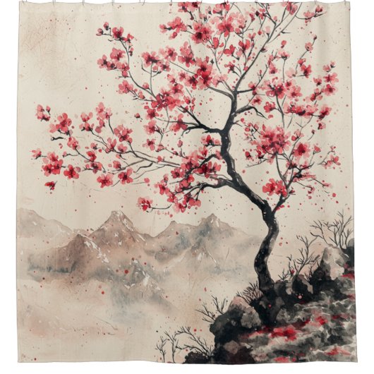 Crimson Sakura Mountain Serenity (1) Duschvorhang (Vorderseite)
