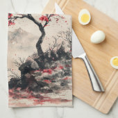 Crimson Sakura Mountain Serenity (1) Geschirrtuch (Viertel Falte)