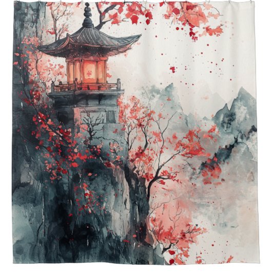 Crimson Sakura Pagode Aquarell Duschvorhang (Vorderseite)