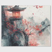Crimson Sakura Pagode Aquarell Geschenkpapier (Flach)