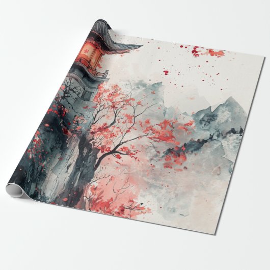 Crimson Sakura Pagode Aquarell Geschenkpapier (Ungerollt)
