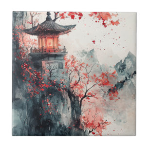 Crimson Sakura Pagode Wasserfarbe Fliese