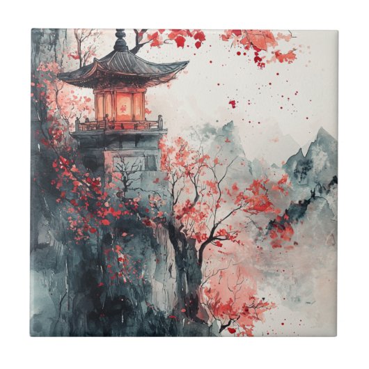 Crimson Sakura Pagode Wasserfarbe Fliese (Vorderseite)