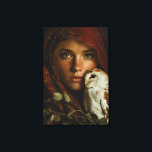 Crimson Scarf Snowy Owl Portrait Mystery Leinwanddruck<br><div class="desc">A young woman with luminous green eyes looks straight ahead beneath a richly textured crimson headscarf that frames her face like a medieval veil. A snowy owl with delicate brown markings perches calmly on her shoulder, its gaze mirroring hers in quiet intensity. Golden autumn leaves cling to the fabric and...</div>