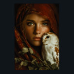 Crimson Scarf Snowy Owl Portrait Mystery Poster<br><div class="desc">A young woman with luminous green eyes looks straight ahead beneath a richly textured crimson headscarf that frames her face like a medieval veil. A snowy owl with delicate brown markings perches calmly on her shoulder, its gaze mirroring hers in quiet intensity. Golden autumn leaves cling to the fabric and...</div>