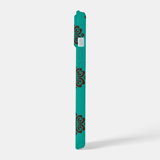 "Crimson Scrolls - Bold Elegance" iPhone 15 Hülle (Linke Seite)