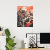 Crimson Serenity: Traditionelles chinesisches Haus Poster (Heimbüro)
