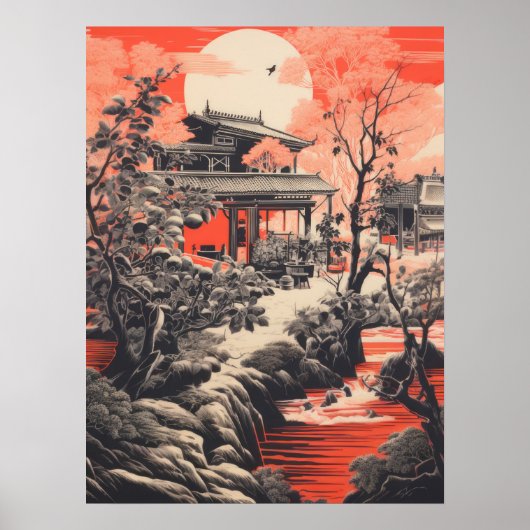 Crimson Serenity: Traditionelles chinesisches Haus Poster (Vorne)