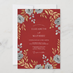 Crimson Silbernes Blütenblatt Hochzeit Einladung