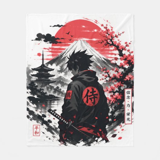 Crimson Sun Anime Silhouette Fleecedecke (Vorderseite)