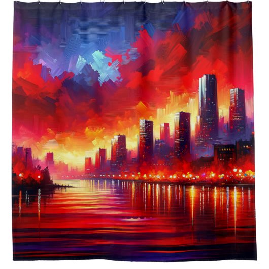 "Crimson Sunset Over City Skyline" Duschvorhang (Vorderseite)