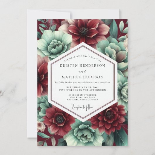 Crimson & Teal Lush Botanical Wedding Einladung (Vorderseite)