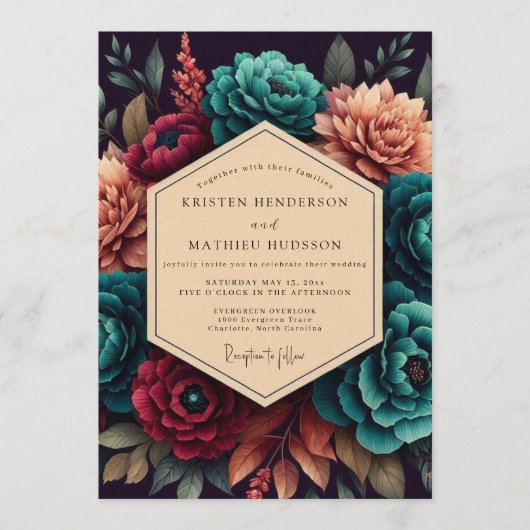 Crimson & Teal Opulent Bloom Wedding Einladung (Vorderseite)