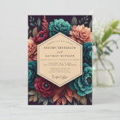 Crimson & Teal Opulent Bloom Wedding Einladung (Stehend Vorderseite)