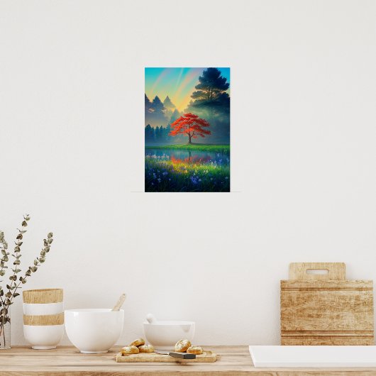 Crimson Tree Amidst Forest Clearing Poster (Küche)