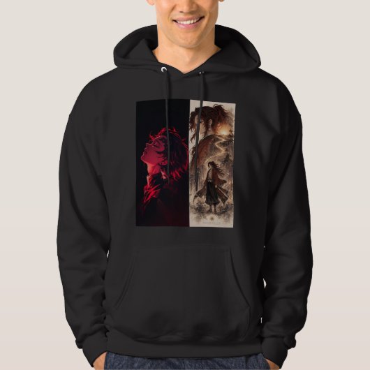 Crimson Warrior Anime Hoodie – Dual Shadow Edition (Vorderseite)