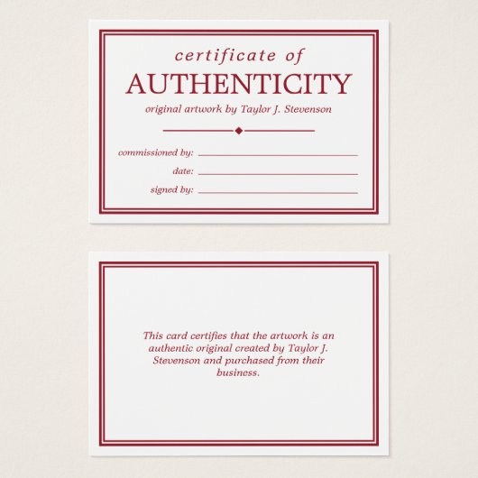Crimson White Certificate of Authenticity (Vorne & Hinten)