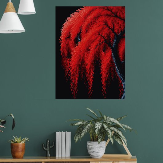 Crimson Willow – Mixed-Media-Baumgemälde Poster (Wohnzimmer 1)