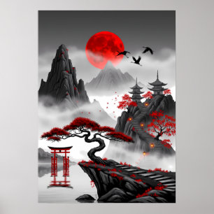 Crimson Zen: Japanische rote Mondlandschaft Poster