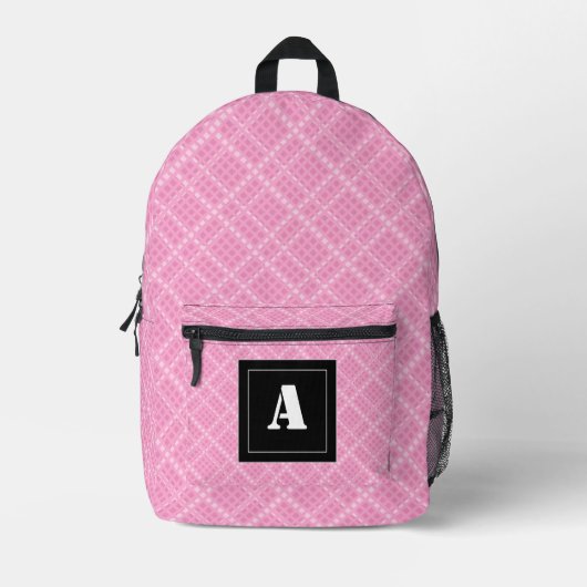 Crisscross Gingham Karo Pink und White Monogram Bedruckter Rucksack (Vorderseite)