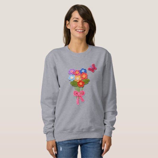 Crochet Blume Bouquet Print Schlüsselanhänger Sweatshirt (Vorne ganz)