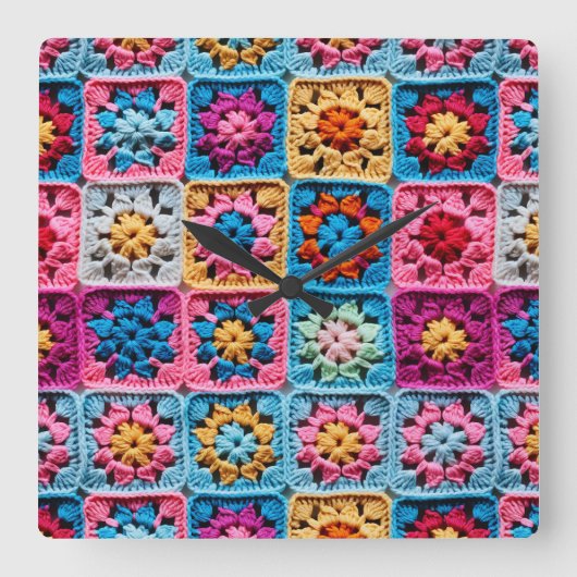 Crochet Granny Square Craft Quadratische Wanduhr (Vorderseite)