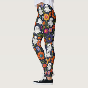 Crochet Look Halloween Geister und Wildblumen Leggings