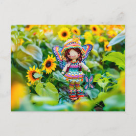 Crocheted Fairy mit gelben Sonnenblumen Feiertagspostkarte