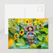 Crocheted Fairy mit gelben Sonnenblumen Feiertagspostkarte (Vorne/Hinten)