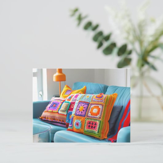Crocheted Granny Square Pillows Lying on a Sofa Postkarte (Stehend Vorderseite)