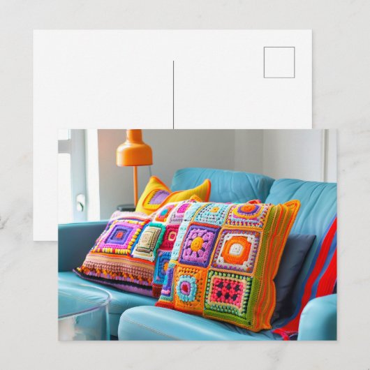 Crocheted Granny Square Pillows Lying on a Sofa Postkarte (Vorne/Hinten)