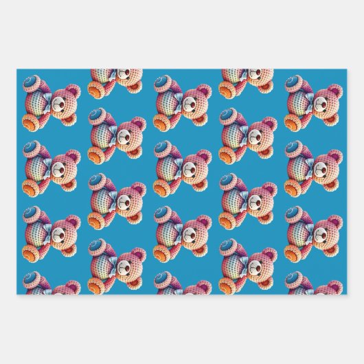 Crocheted Stuffed Animals Blue and Yellow Geschenkpapier Set (Vorderseite)