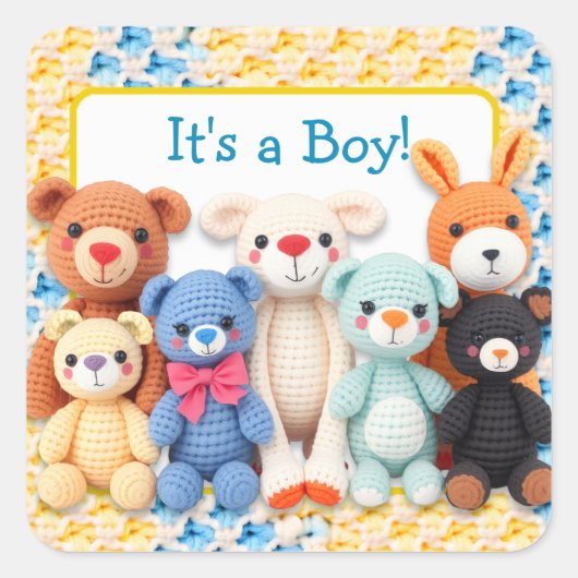 Crocheted Stuffed Animals | It's a Boy Quadratischer Aufkleber (Vorderseite)