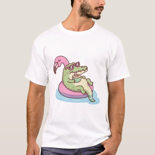 Crocodile Chilling am Flamingo Pool Float T-Shirt (Vorderseite)