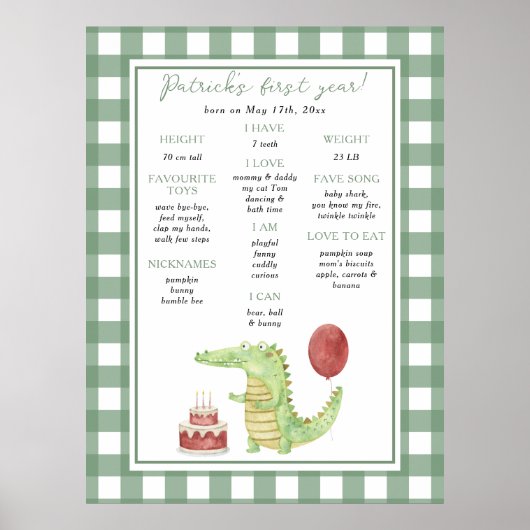 Crocodile First Birthday Milestone Geburtstag Poster (Vorne)