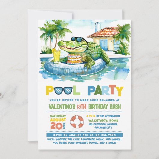Crocodile Pool Party Geburtstag Einladung (Vorderseite)