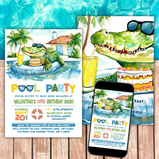 Crocodile Pool Party Geburtstag Einladung